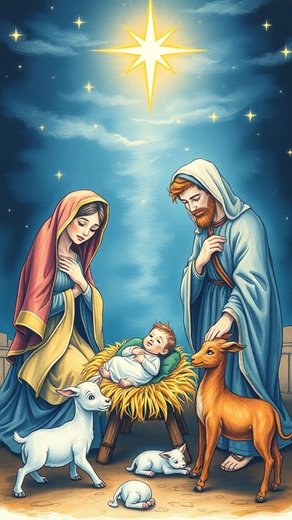 A nativity scene drawing depicting baby Jesus in a manger with Mary and Joseph, surrounded by a starry night.